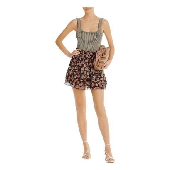 Aqua Bloomingdales Tapestry Floral Mini Skirt Black Layered Ruffles Pull-On M - Picture 6 of 9